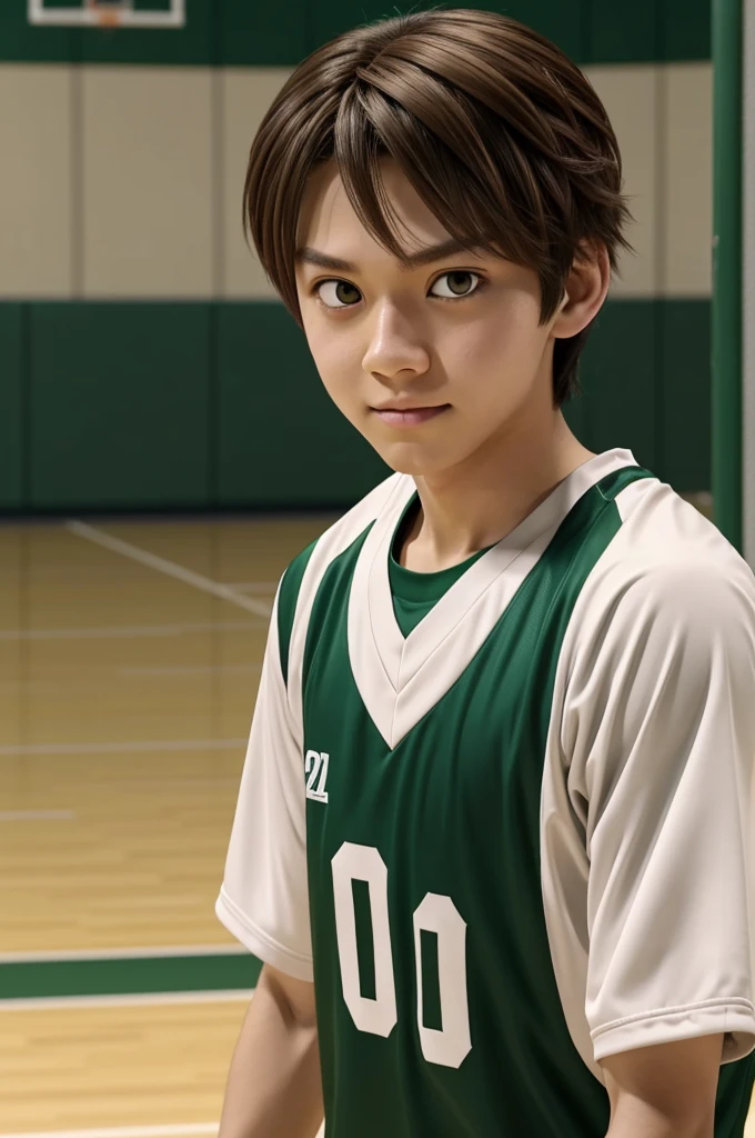 Haikyuu Screenshot, beautiful woman, straight light brown hair, White skin, large eyes, green eyes, blushing expression on face, with a sports uniform, He is walking with a volleyball in his hand