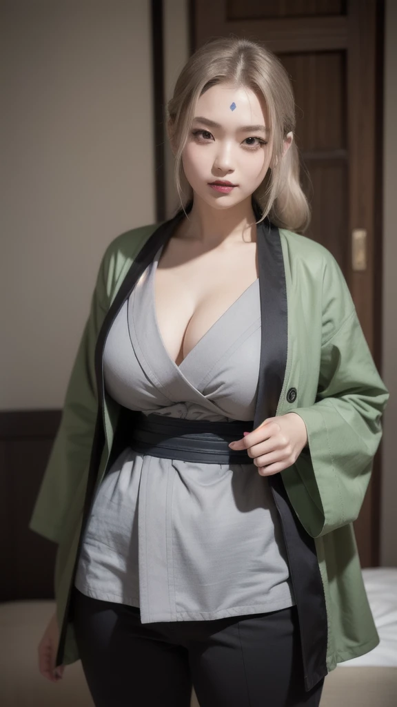 (masterpiece, best quality: 1.2), solo, 1girl, tsunadedef, forehead mark, big breasts, big cleavage, smile, looking at the viewer, hands on hips, japanese dress, green haori, gray kimono, sash, pants, realistic  , real