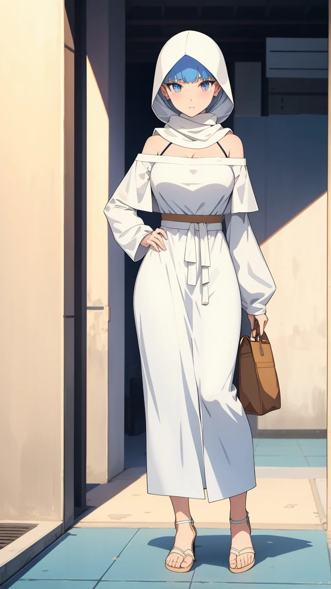 Full-Body view, Beautiful white Arab woman, wearing a short hood with an off-the-shoulder shirt , with hijab, feminine, in colors manga style, wide eyes. [style of Adrian Tomine] --ar 9:16 --niji 6 --s 750