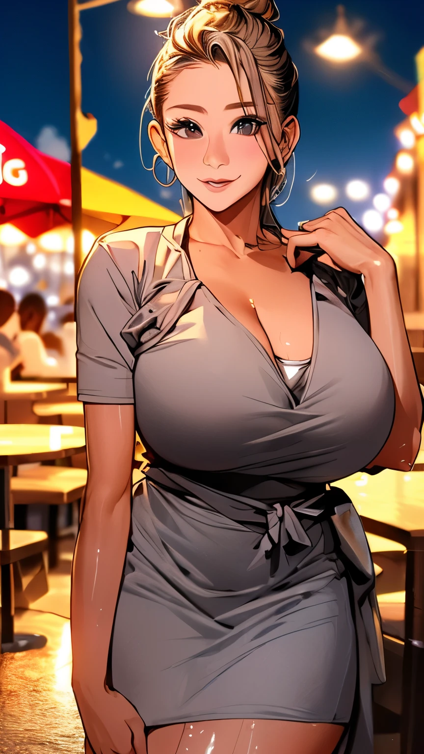 Realistic, masterpiece, Highest quality, (Beautiful Eyes), One high school girl,Sexy pose、(((Burstingly Big Breasts:1.5)))、((Tight abdomen))、 Huge breasts, Sweat, night, Outdoor, Vibrant restaurant, Micro bikini in, String-only micro bikini, Grin, Wet Face, Wet body, Earrings,  White apron,  Puff short sleeves,  Small tray,  Central opening, 