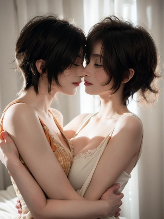 A beautiful young female bodybuilder with short hair and big breasts is hugging and kissing with her breasts pressed together、Beautiful feet、Nipples are erect、Lesbian