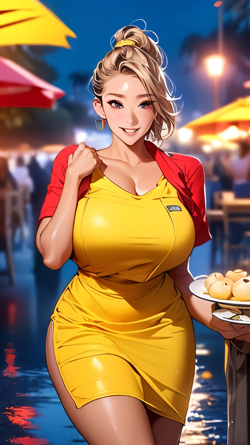 Realistic, masterpiece, Highest quality, (Beautiful Eyes), One high school girl,Sexy pose、(((Burstingly Big Breasts:1.5)))、((Tight abdomen))、 Huge breasts, Sweat, night, Outdoor, Vibrant restaurant, Micro bikini in, String-only micro bikini, Grin, Wet Face, Wet body, Earrings,  White apron,  Puff short sleeves,  Small tray,  Central opening, 