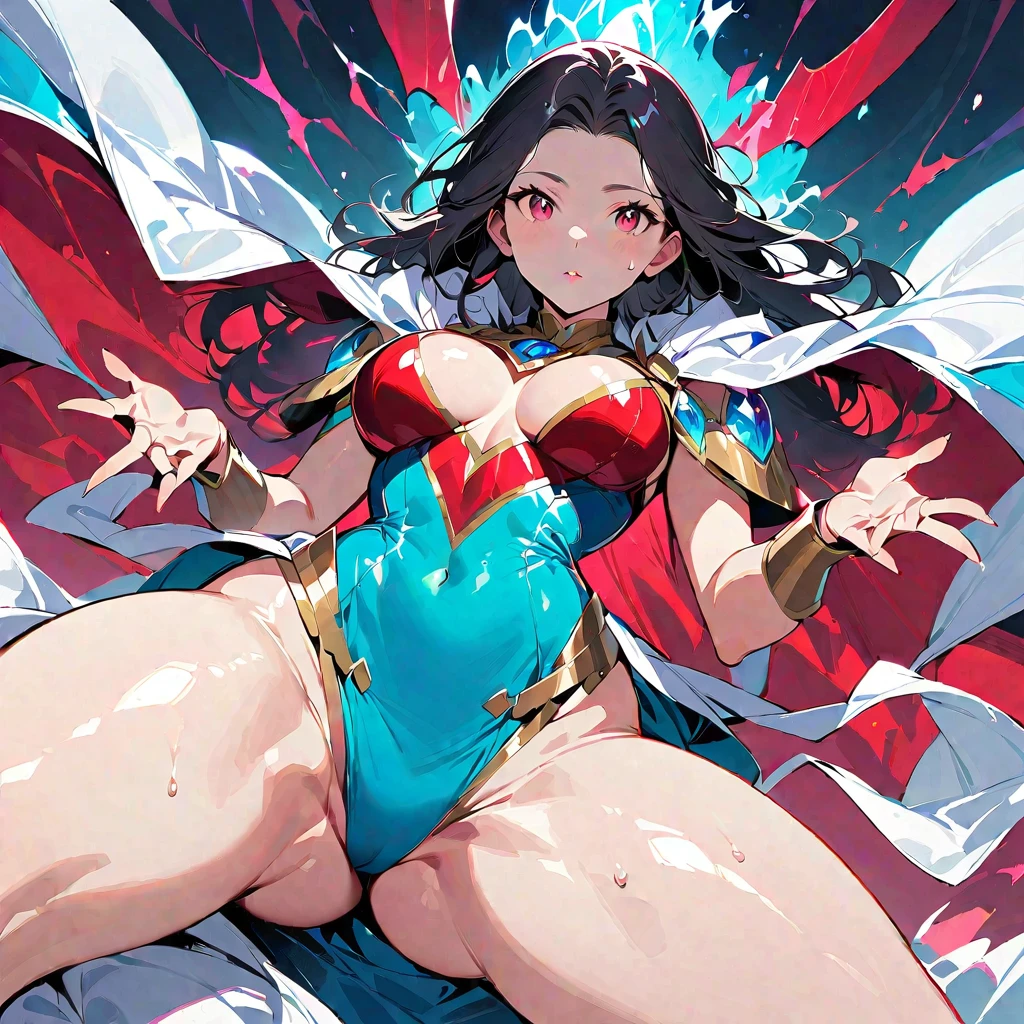 Young beautiful woman,(Highest quality,Extremely detailed depiction,Incredibly absurd high resolution,Anatomically accurate depiction,Nice hands, Perfect Fingers,Curvy Legs),(Glowing Skin,Shiny skin),A fantastic goddess in a gorgeous costume,There is cleavage in the chest,Glossy Lips,Sweat,whole body,background:A fantastic and mysterious giant island,Mysterious sight,Island Focus,