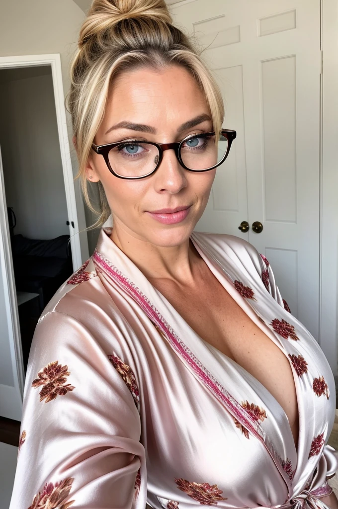 beautiful woman of 45 years old with blue eyes, blond with brown roots, hair in bun with tendrils, looking directly at the camera, very realistic, instagram selfie, closeup face, at home, silk floral pyjamas, clothes tight against body, clothes too tight, film grain, fit muscular body, big breasts, focus on face and torso, clothes too tight, seductive, silk robe, glasses