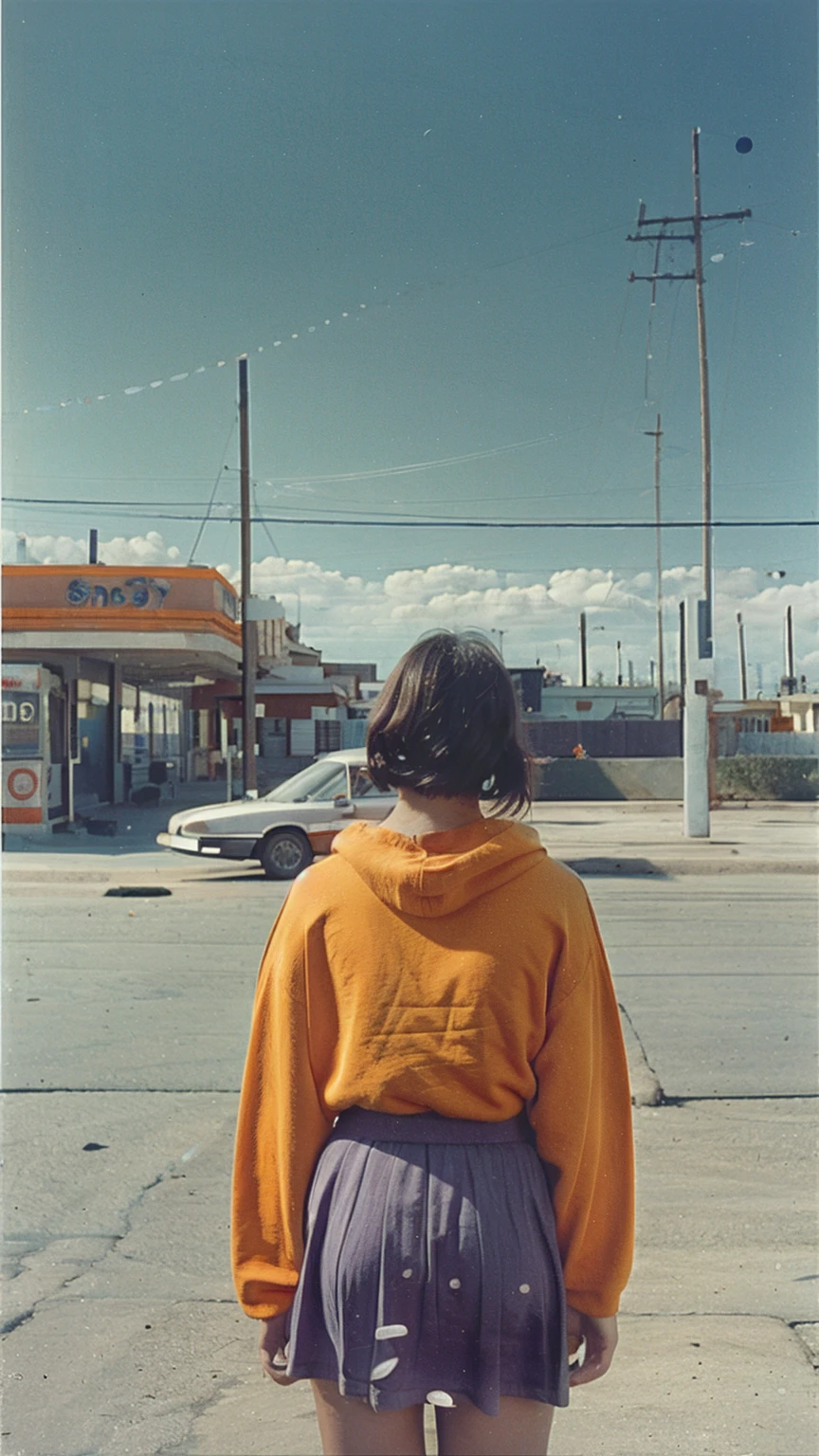 long shot portrait of cute 23 yo girl ,wear ((orange color oversized_hoodie)), wear ((purple tennis skirt)),looking front,Best Quality,Masterpiece,Ultra High Resolution,(Realisticity:1.4),Original Photo, 1Girl, light leak,ultra high resolution,UHD,beautiful, (black bob hair), almond eye, no makeup, in front of (80's abandon gas station), (realistic:1.2), (surreal:1.3), (very detailed:1.1), ((masterpiece)),summer, blue sky, palm trees,sunny, los angles vibes,film camera, 800mm lens,style of Philip Lorca diCorcia