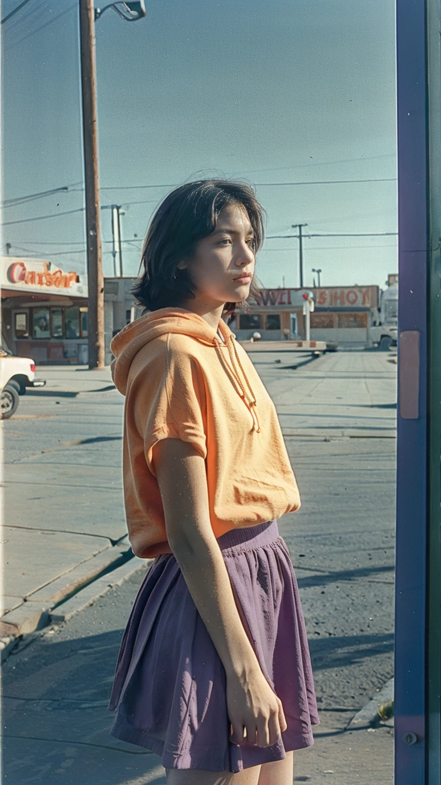 long shot portrait of cute 23 yo girl ,wear ((orange color oversized_hoodie)), wear ((purple tennis skirt)),looking front,Best Quality,Masterpiece,Ultra High Resolution,(Realisticity:1.4),Original Photo, 1Girl, light leak,ultra high resolution,UHD,beautiful, (black bob hair), almond eye, no makeup, in front of (80's abandon gas station), (realistic:1.2), (surreal:1.3), (very detailed:1.1), ((masterpiece)),summer, blue sky, palm trees,sunny, los angles vibes,film camera, 800mm lens,style of Philip Lorca diCorcia