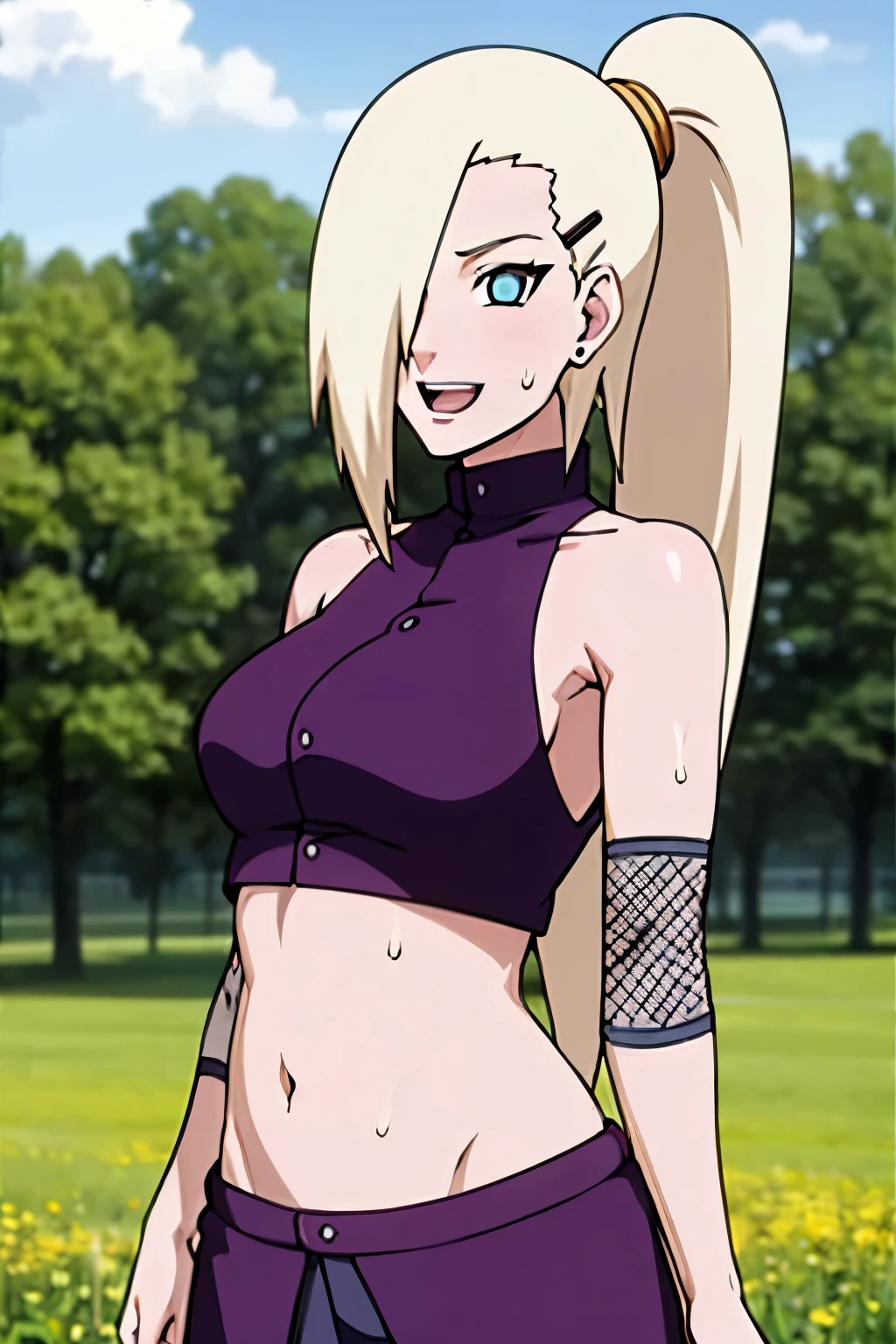 (Purple clothes), Ino yamanaka, (sweat:1.3), ultra details, ultra detailed hair, looking at the viewer, gorgeous, attractive, groin, cowboy shot, ultra detailed face, (ultra detailed body:1.1), sunny day, day time, shiny skin, upper body view, anime style, solo, detailed flower field, blonde, (focus on body), ((one eye covered with hair, hair over eye, ponytail)), (medium breasts), belly button, looking at the viewer, thick arms, (off-shoulders, wide shoulders, curving body), hidden eye, smile, open mouth, very happy, tall, sharp look, sharp face, sharp eye, cold colors,