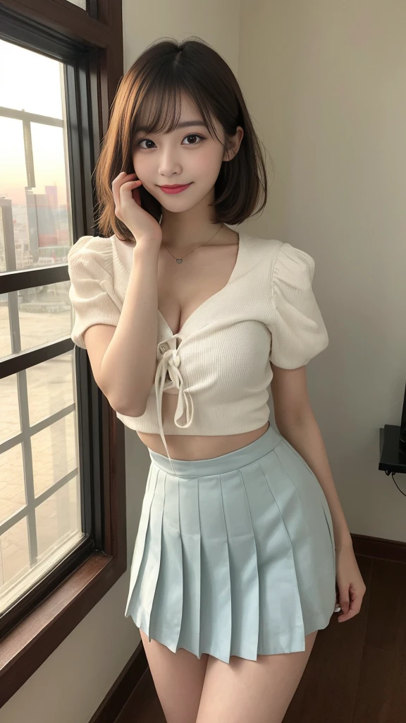 table top, best quality, illustration, Very detailed, exquisite details, hight resolution, 8K wallpaper, Perfect dynamic composition, (Beautifully detailed eyes:1.1), tied ribbon, high , pleated mini skirt, short wavy bob hair, (gigantic bust:1.2), Sexy poses, smile, school, 18 year old girl, (cute 1.3), Sexy photo looking at the camera, sunset, by the window, summer, Put on a little makeup