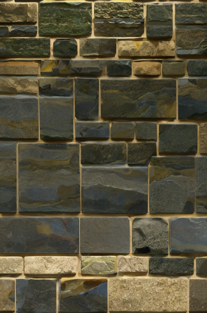 389^(3), a wall made of big rectangoular blocks of stone, the blocks are similar in dimensions,((polished stone)), realistic,(( dark basaltic stone)),((dark red venatures)),((dark yellow sfumatures)),(( realistic colour)), geometrical design,photographic,ultra high resolution,hyperdetailed, masterpiece, 3d modelling, digital art.