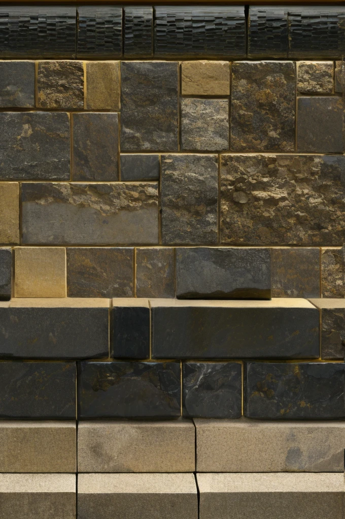 389^(3), a wall made of big rectangoular blocks of stone, the blocks are similar in dimensions,((polished stone)), realistic,(( dark basaltic stone)),((dark red venatures)),((dark yellow sfumatures)),(( realistic colour)), geometrical design,photographic,ultra high resolution,hyperdetailed, masterpiece, 3d modelling, digital art.