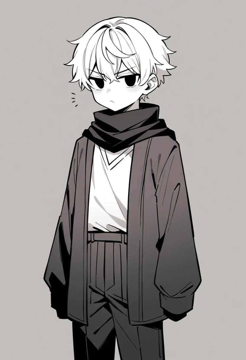 Shawm - 21 years old young man, which was destined for a greater doings. Shawm is a young man, around 21 years old, a sorcerer which is quite skilled in the magic of cursed purple flames. He's short, well built. Usually frowning face shows no sign of emotion, and his half-closed emotionless blank black eyes only consolidate that fact. Tousled white hair with a slight purple colour in it's roots brushed behind, with a small bunch
of it sticking up before his eyes. Usually he's dressed in a white shirt, white hakama and black runners. On the neck he wears black long scarf which covers his mouth, with two tips waving behind his back, and on the waist usually wrapped his black and white coloured jacket, wrapped by its sleeves around his body. On Shawm's shoulder should be seen a small white chibi cat - his name is Kazu, and it's his spiritual animal and a teacher, which helps him use his powers. Cat should be showed once in the image. Cursed flames gather around his figure in a small spiritual swirling balls.
