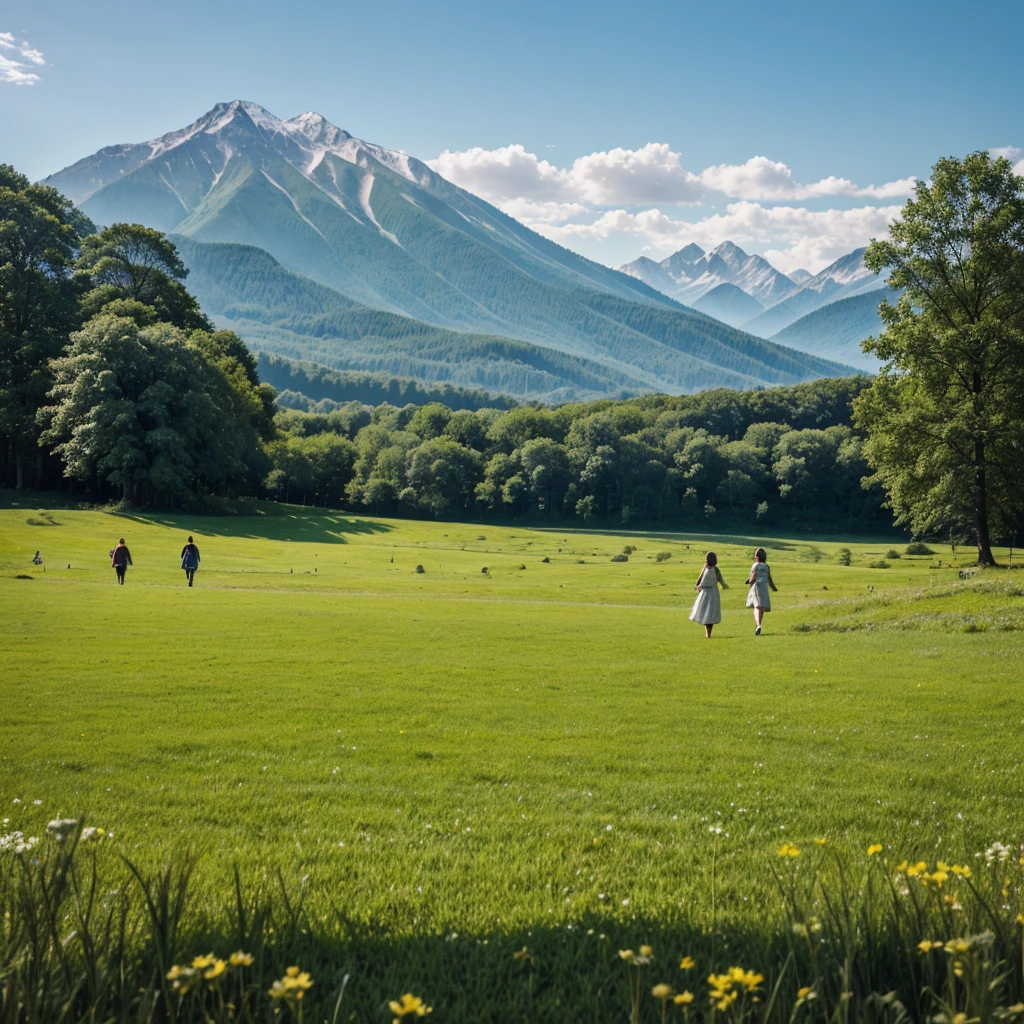 In a green meadow stands a girl leading a group of knights.
BREAK
With a brave expression, she guides them towards their destination.
BREAK
Behind her, a green forest stretches out and beyond that, mountains rise in the distance.
BREAK
The most suitable effect for this scene would be a watercolor painting technique to capture the softness of the meadow and the fluidity of the movement.