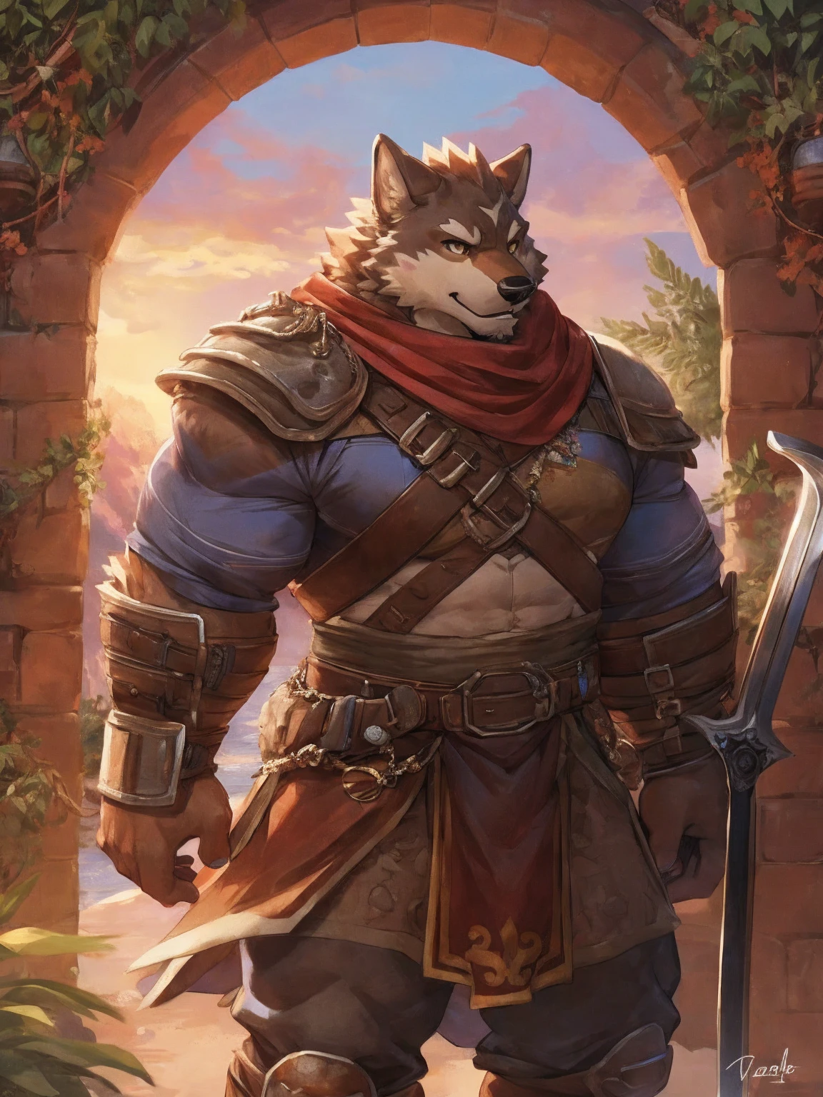 1. **type**:Wolf 2. **gender**:Male 3. **appearance**:Brown fur,Golden Eyes,thick physique 4. **Clothing and Decoration**:((Wearing mercenary clothing)),Carrying a huge sword on his back, #### Scenography 1. **background**:日本style的山間寺廟,寺廟周圍有Cherry tree和Stone lanterns 2. **detail**:Sakura petals falling in the air,Mountain peaks are faintly visible in the distance #### Text content 1. **theme**:Glory and Protection 2. **intonation**:Solemn and inspiring 3. **Sentence Structure**:`"Guard the Faith,"Defend the Glory"` #### 圖像style 1. **style**:Epic and traditional combined, 2. **tone**:Soft pinks combined with stately browns and golds,Highlighting the majesty of the samurai and the beauty of the cherry blossoms #### 其他detail 1. **Posture and expression**: - bear standing in front of temple,Hold a greatsword,firm eyes,Show protection and determination 2. **background元素**: - 日本style的寺廟,Cherry tree,Stone lanterns,Falling cherry blossom petals,distant mountain peaks ### final design 1. **role conception** - **Wolf**:Brown fur,Golden Eyes,thick physique。穿著Wearing mercenary clothing,Carrying a huge sword on his back,。 2. **Scenography** - **background**:日本style的山間寺廟,寺廟周圍有Cherry tree和Stone lanterns。Sakura petals falling in the air,Mountain peaks are faintly visible in the distance。 3. **Text content** - below or above the diagram,Written in a solemn and inspiring font:`"Guard the Faith,"Defend the Glory"` ### Image design recommends that you use design software(Like Photoshop、Procreate等)To realize this picture。The following are specific step-by-step recommendations: 1. **background創建**:畫出日本style的山間寺廟background,包括Cherry tree、Stone lanterns、Falling cherry blossom petals和distant mountain peaks。 2. **character drawing**:Draw male bear character according to description,特別注意武士鎧甲和巨劍的detail。 3. **Posture and expression**:bear standing in front of temple,Hold a greatsword,firm eyes,Show protection and determination。 4. **Add text**:Choose the right location,使用莊嚴和鼓舞的字體將Text content`"Guard the Faith,"Defend the Glory"`Add to diagram。Sky Demon