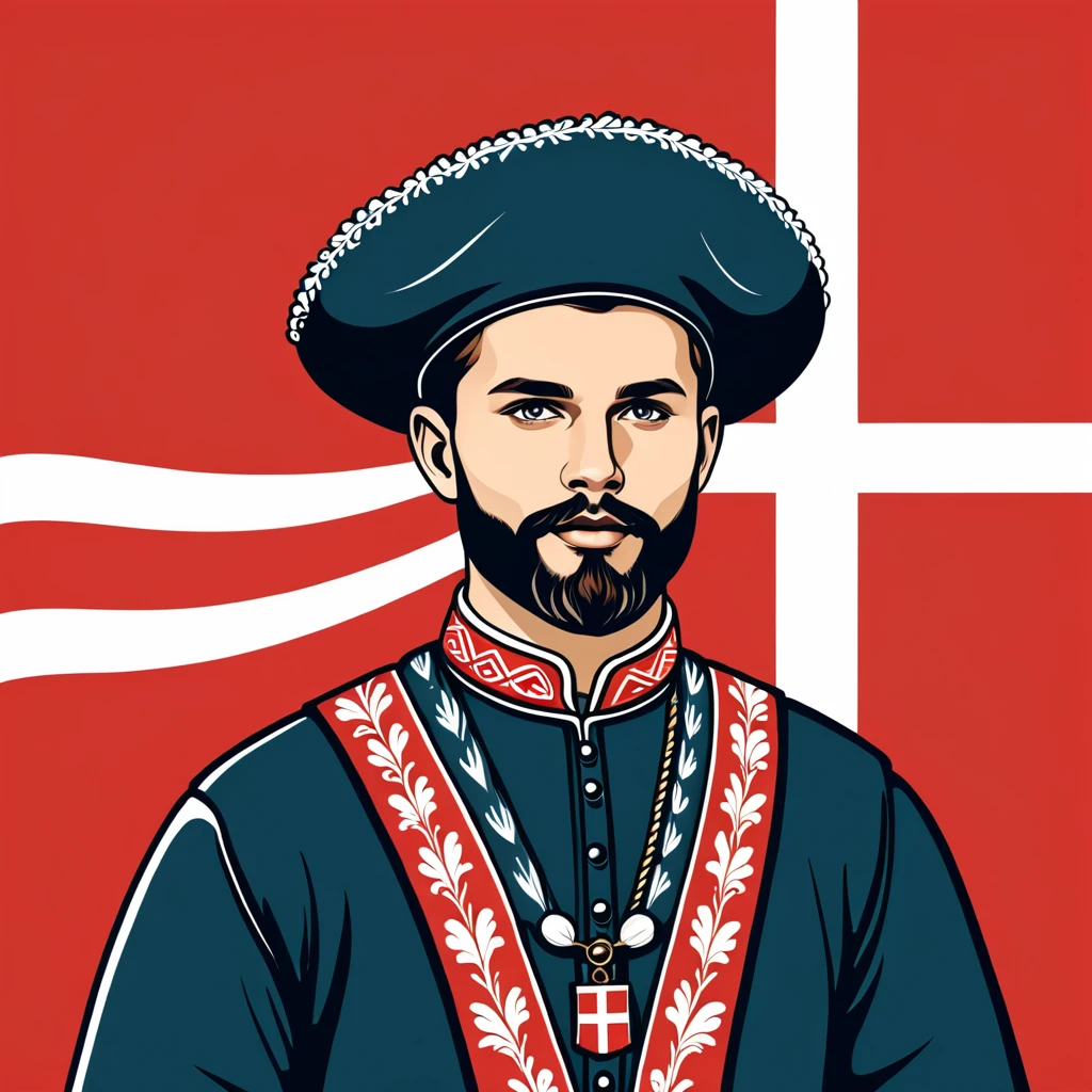 man in denmark folk outfit, vector graphics, strong contours