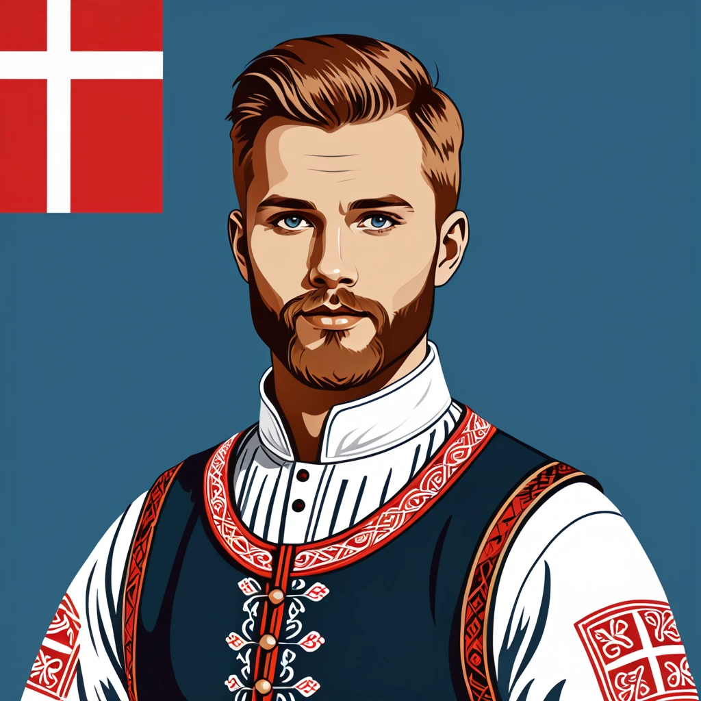 man in denmark folk outfit, vector graphics, strong contours
