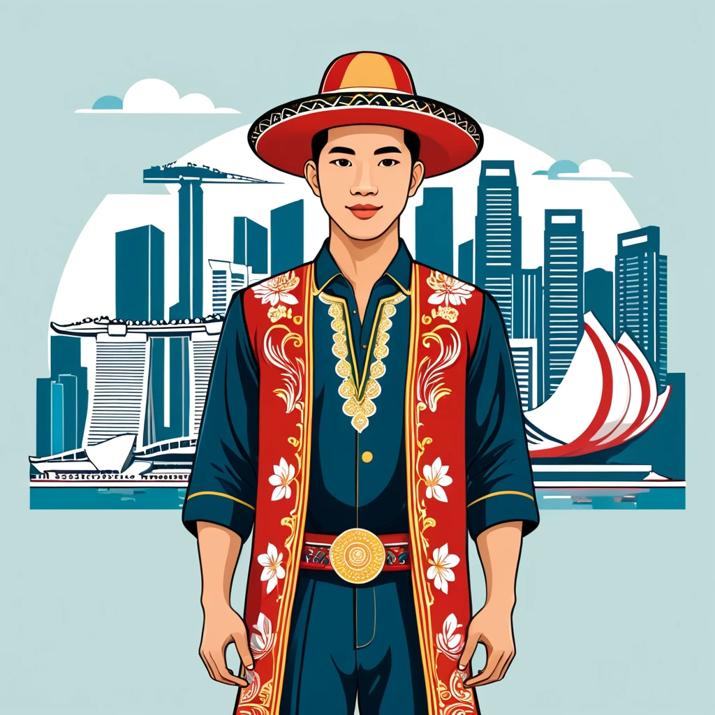 man in singapore folk outfit, vector graphics, strong contours