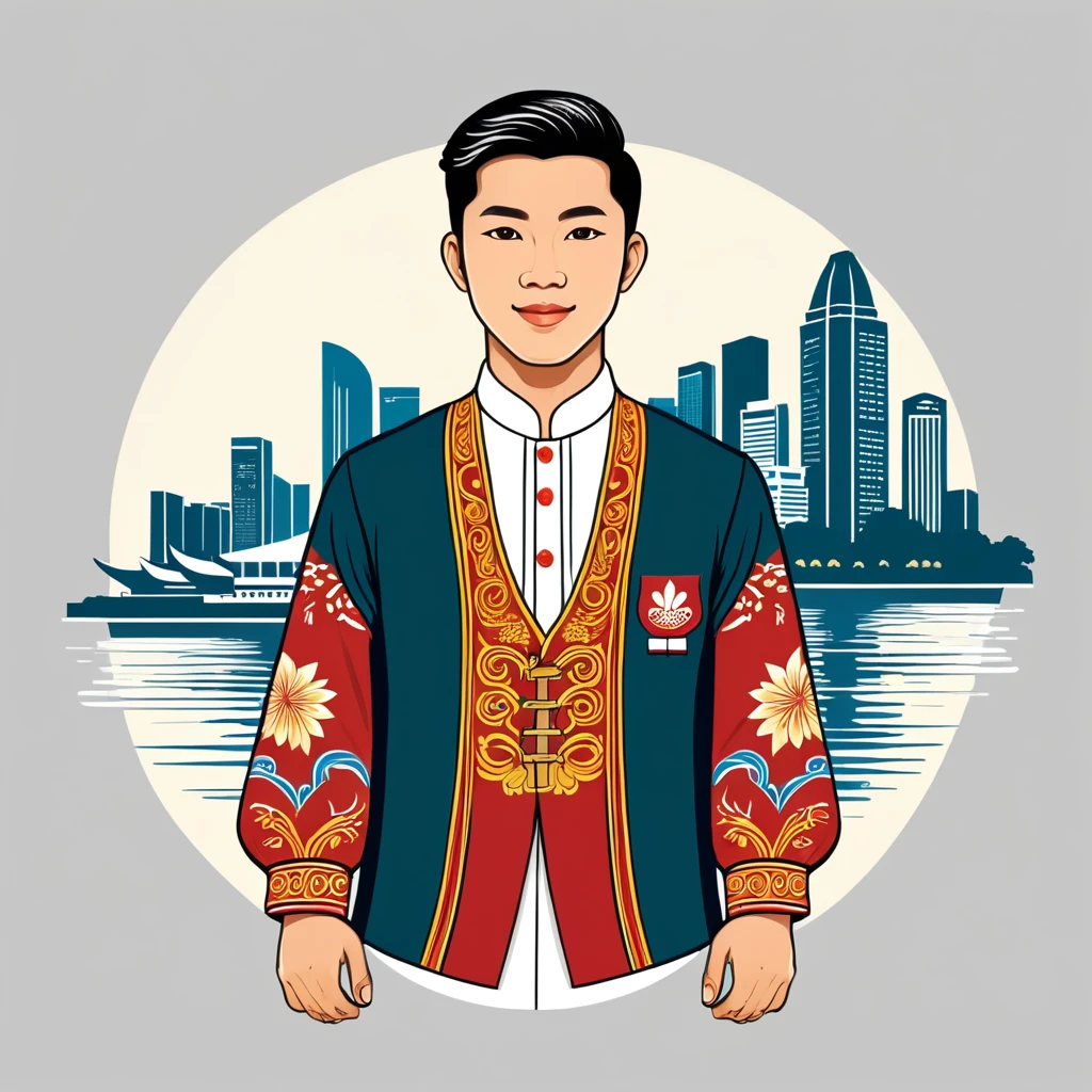 man in singapore folk outfit, vector graphics, strong contours
