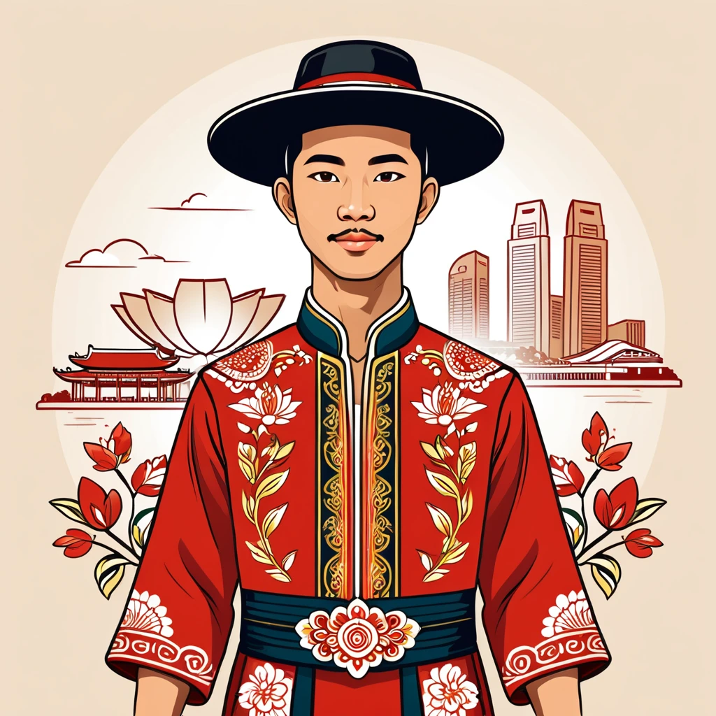 man in singapore folk outfit, vector graphics, strong contours