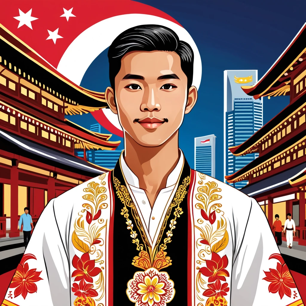 man in singapore folk outfit, vector graphics, strong contours
