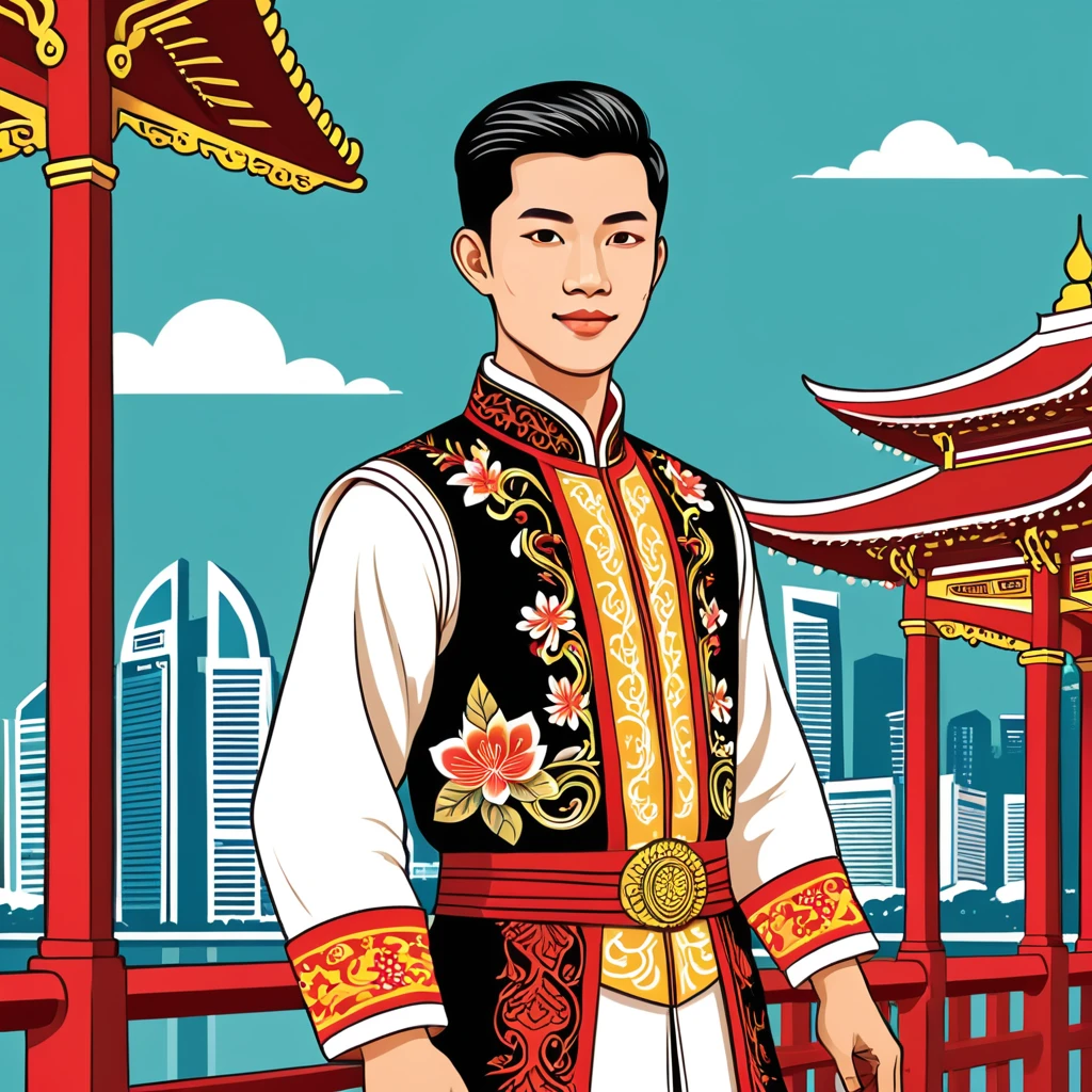 man in singapore folk outfit, vector graphics, strong contours
