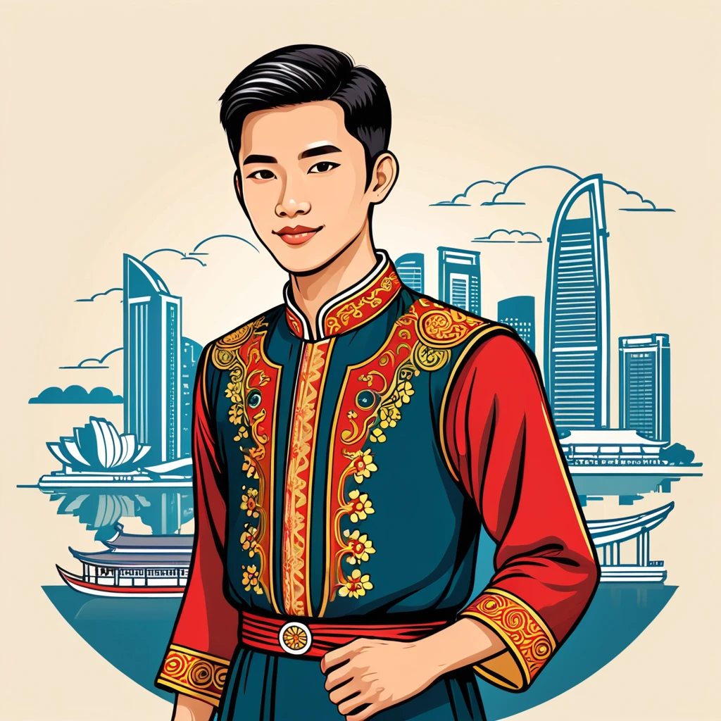 man in singapore folk outfit, vector graphics, strong contours
