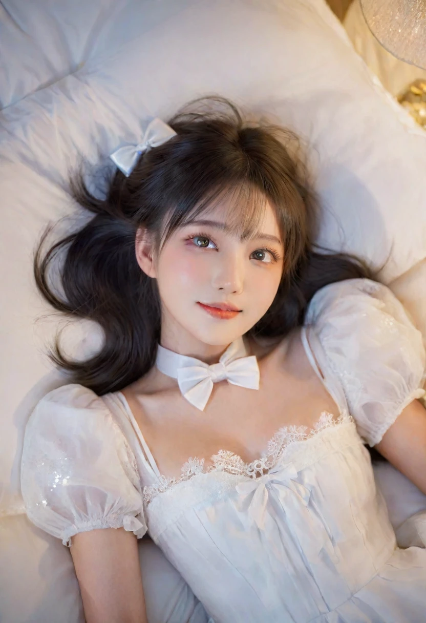 A close-up portrait of a young Japanese female idol, captured from above. The frame encompasses her from the top of her head to her midsection, with her face as the primary focus. The idol is lying down, striking a graceful, model-like pose.
She's wearing a white mini dress with puff sleeves and a sweetheart neckline. The lace trim and bow tie closure at the neckline are visible. Her hair is beautifully styled, with a white ribbon partially visible, perhaps tying back some of her hair while loose strands frame her face softly.
Her face dominates the upper portion of the image, showcasing her delicate features in detail. Her expression is a closed-mouth smile, warm and genuine, creating small dimples or creases at the corners of her mouth. Her eyes are bright and expressive, looking directly at the camera, conveying a mix of joy and gentleness.
The idol's body language is relaxed yet posed, reminiscent of a professional model. Her arms might be gracefully arranged above her head or one hand could be gently touching her face or hair, enhancing the ethereal and romantic aesthetic.
The lighting is soft and flattering, casting a gentle glow on her skin and the white fabric of her dress. It accentuates the subtle contours of her face, particularly highlighting her closed-mouth smile and the sparkle in her eyes.
The background suggests she's lying on a surface - perhaps a bed with light-colored bedding or a soft, neutral-toned backdrop that doesn't detract from her presence.
This composition creates an intimate and charming portrait of the idol, presenting her in a sweet, approachable manner that emphasizes her natural beauty and the ethereal, model-like quality she embodies. The focus on her gentle, closed-mouth smile gives the image a sense of quiet joy and contentment, likely to resonate strongly with fans who appreciate seeing their favorite idol in moments of subtle, genuine happiness.