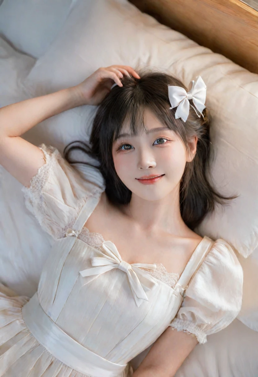 A close-up portrait of a young Japanese female idol, captured from above. The frame encompasses her from the top of her head to her midsection, with her face as the primary focus. The idol is lying down, striking a graceful, model-like pose.
She's wearing a white mini dress with puff sleeves and a sweetheart neckline. The lace trim and bow tie closure at the neckline are visible. Her hair is beautifully styled, with a white ribbon partially visible, perhaps tying back some of her hair while loose strands frame her face softly.
Her face dominates the upper portion of the image, showcasing her delicate features in detail. Her expression is a closed-mouth smile, warm and genuine, creating small dimples or creases at the corners of her mouth. Her eyes are bright and expressive, looking directly at the camera, conveying a mix of joy and gentleness.
The idol's body language is relaxed yet posed, reminiscent of a professional model. Her arms might be gracefully arranged above her head or one hand could be gently touching her face or hair, enhancing the ethereal and romantic aesthetic.
The lighting is soft and flattering, casting a gentle glow on her skin and the white fabric of her dress. It accentuates the subtle contours of her face, particularly highlighting her closed-mouth smile and the sparkle in her eyes.
The background suggests she's lying on a surface - perhaps a bed with light-colored bedding or a soft, neutral-toned backdrop that doesn't detract from her presence.
This composition creates an intimate and charming portrait of the idol, presenting her in a sweet, approachable manner that emphasizes her natural beauty and the ethereal, model-like quality she embodies. The focus on her gentle, closed-mouth smile gives the image a sense of quiet joy and contentment, likely to resonate strongly with fans who appreciate seeing their favorite idol in moments of subtle, genuine happiness.