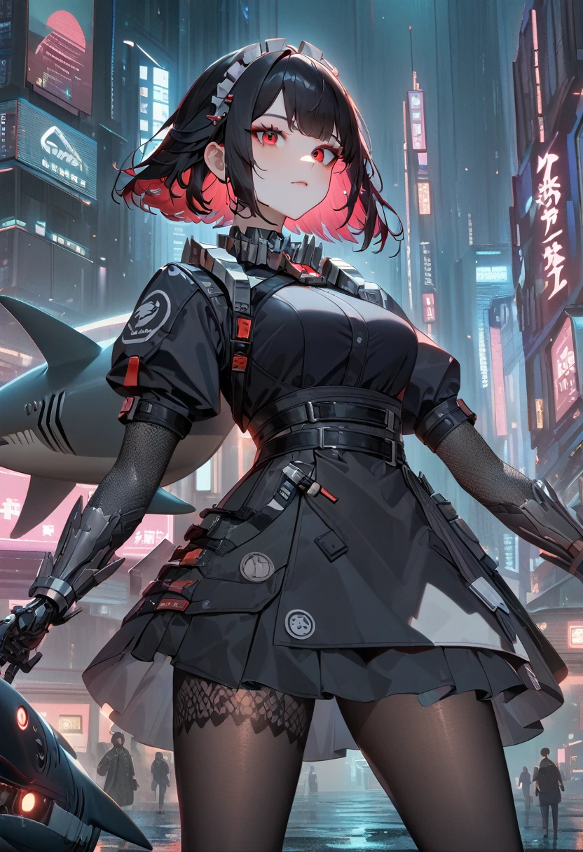 1个女孩和1个机械shark,Black short hair,Red eyes,Full figure,Black pantyhose,Mechanical maid outfit,黑色shark尾巴,Cyberpunk City,Mechanobiology,shark
