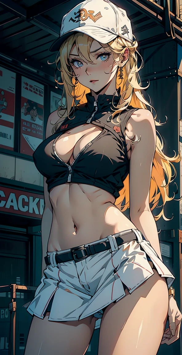 1female,21 years old,Milf,medium breast, thin waist, Slender legs,Pornographic exposure, solo,(Background with:baseball field) She has long blonde hair,((blonde hair)), seen from the front, hair straight, mostly cloudy sky,(((tmasterpiece),(Very detailed CG unity 8K wallpaper),best qualtiy,cinmatic lighting,detailed back ground,beatiful detailed eyes,Bright pupils,(Very fine and beautiful),(Beautiful and detailed eye description),ultra - detailed,tmasterpiece,)),facing at camera,A high resolution,ultra - detailed),revealing breasts,Bare genitals, Bulge,legs are open,Raised sexy,Camel toes,Flushed complexion,Open-mouthed,frontage,baseball player,(Wearing:baseball tank top,nakeness,baseball skirt,baseball cap, ), (((underboobs)))