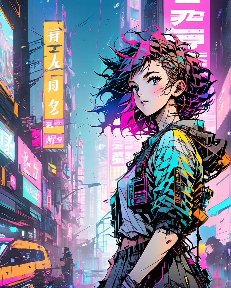 Vaporwave, retrofuture cyberpunk vibe, synth keyboard, anime face, expressive moving action, happy, anime Japanese, Ginza Tokyo backdrop, music is everywhere, ultra hd, realistic, vivid colors, highly detailed, UHD drawing, pen and ink, perfect composition, beautiful detailed intricate insanely detailed octane render trending on artstation, 8k artistic photography, photorealistic concept art, soft natural volumetric cinematic perfect light