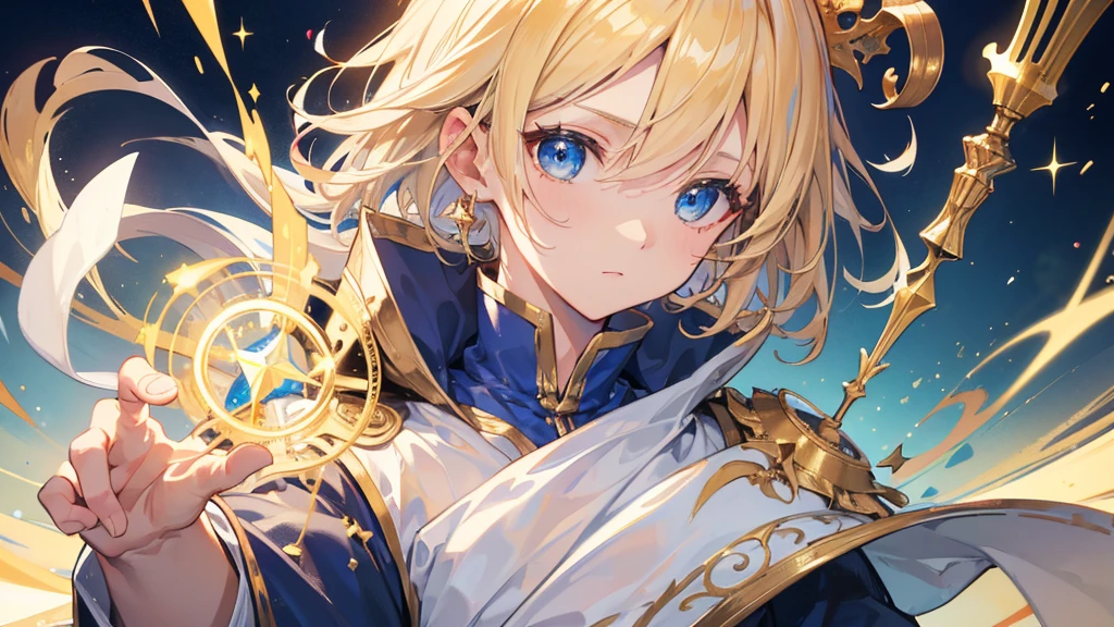 (Highest quality) (4K) (8k) (High resolution) (masterpiece:1.2) (Super detailed) One boy short hair Wizard Blue Eyes Long sleeve Golden decoration Hair between the eyes White Dress Wavy golden hair Upper Body (large crown) (White Background) (Cast a spell) front Face close-up Hold the dagger