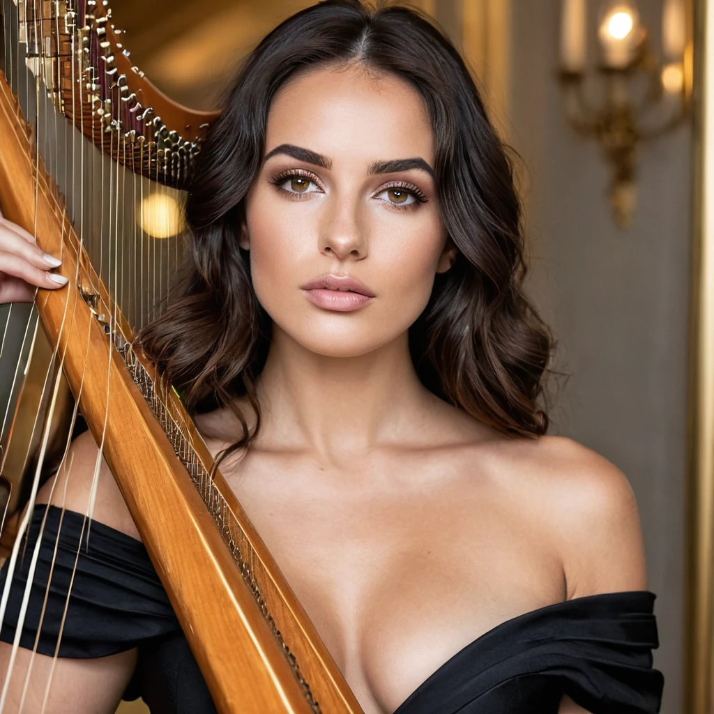 beautiful brazilian, (((round face shape with soft features, prominent cheekbones, delicate jaw, slightly rounded chin, medium forehead with natural, wavy hairline))), (((black hair color, long and straight extreme))), ((natural, full eyebrows)), (((dynamic pose, playing the harp))). (((Whole plan, capturing full motion against a pristine white infinite background))). highy detailed, age 25, ((large, expressive dark brown eyes)). (((Long nose at base, gently curved bridge, rounded nostrils in harmony with the face))). ((plump, well-defined lips, com volume natural, dark pink tone)). high resolution, work of art. Pele realista Fitzpatrick V, with a natural golden tan, some soft freckles on the cheeks and nose. ((curvy and athletic body, typical of Brazilian women)), ((Wearing a black couture cotton dress)). excellent quality, extremely detaild, sharp focus, ((shooting with Canon EOS R5, lente RF 85mm f/1.2L USM)), Brazilian style vibrant color vision. Proportionate Body, fotorrealism, fot (film grain) (((Clean and uniform lighting))) Em primeiro plano.