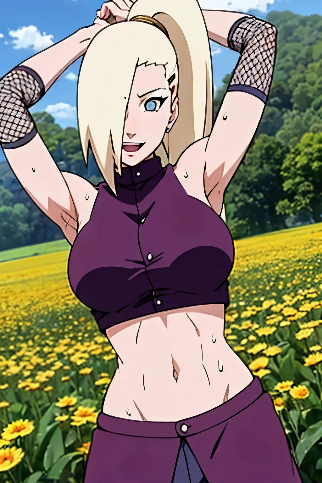(Purple clothes), Ino yamanaka, (sweat:1.3), ultra details, ultra detailed hair, looking at the viewer, gorgeous, attractive, groin, cowboy shot, ultra detailed face, (ultra detailed body:1.1), sunny day, day time, shiny skin, upper body view, anime style, solo, detailed flower field, blonde, (focus on body), ((one eye covered with hair, hair over eye, ponytail)), (medium breasts), belly button, looking at the viewer, thick arms, (off-shoulders, wide shoulders, curving body), hidden eye, smile, open mouth, very happy, tall, sharp look, sharp face, sharp eye, cold colors,