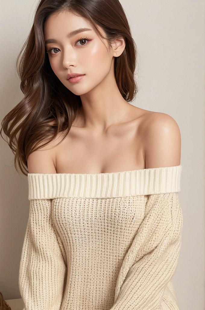 Beige knit、Off the shoulder、One woman、Highest quality、Big 、Attractive woman、Beauty