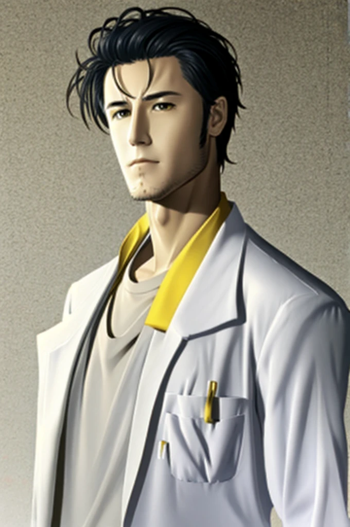 1boy, okabe, labcoat, white t shirt, yellow eyes, portrait, realistic, cosplay