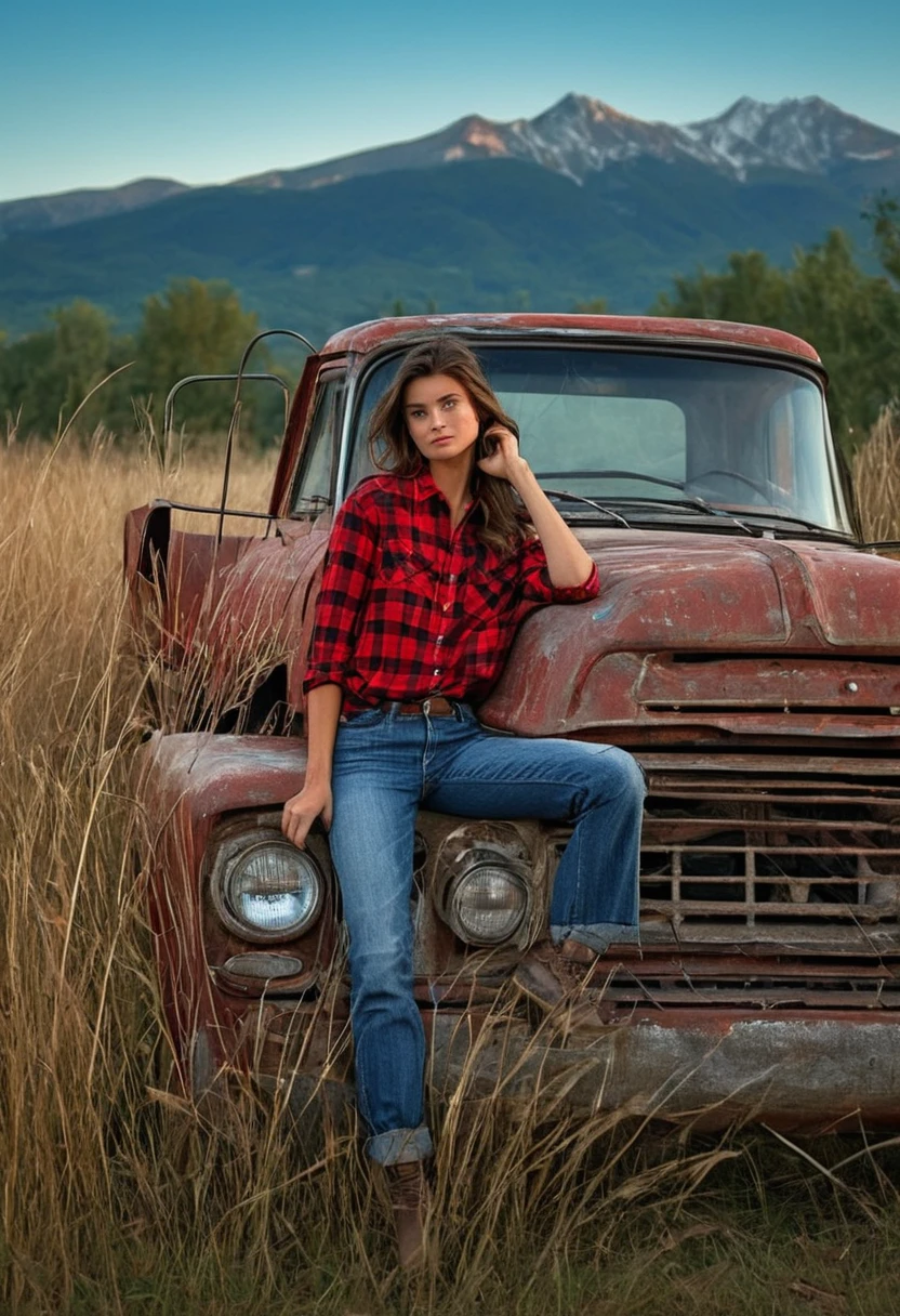 1grl, solo, Cinematic, realistic, UHD, A stunning close up photo of a young supermodel in red flannel shirt and denim pants perched elegantly atop an old, weathered blue matte pickup truck. The windshield and the lamp of the truck is dirty and dusty. She exudes confidence and grace as she poses barefoot amidst tall wild grass. The rustic wooden fence and a quaint farmhouse in the background hint at a serene countryside setting. A majestic mountain row looms in the distance, adding depth and scale to the scene. The overall atmosphere of the photo is natural and serene, capturing the essence of a perfect summer day