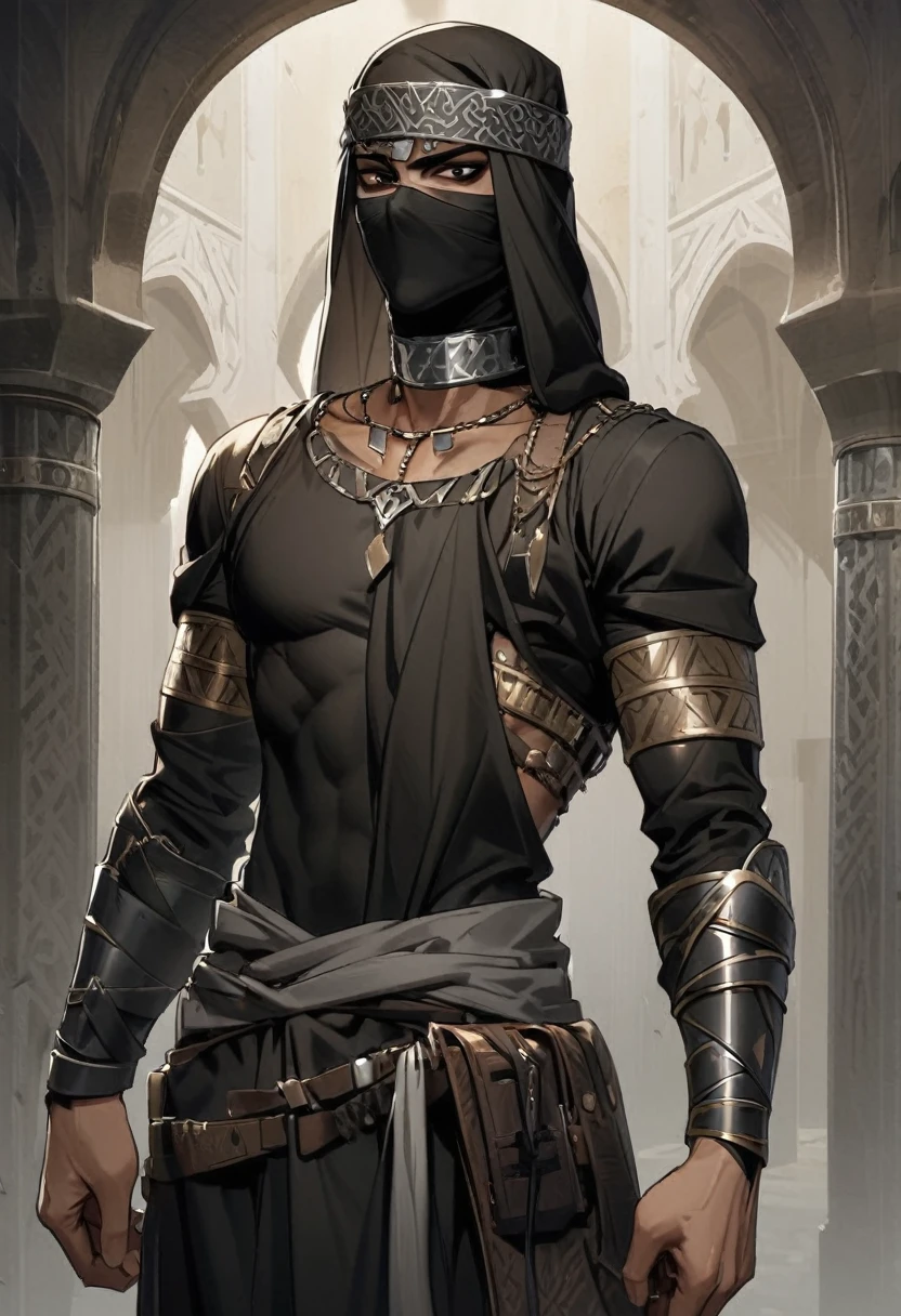 Male arab warrior, medivial, black balaclava, black bandage, black clothes, thin waist, skinny body, black eyeliner, metal choker