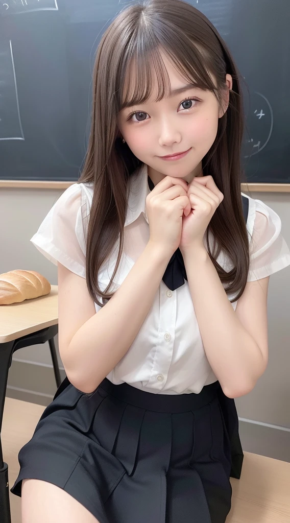 Hasselblad, Lift the skirt, , school, ((smile)), Attractive woman sitting,perfect hand,perfect face, (Messy bread), Unbuttoned blouse, blackboard art, Computer subject, dark hair, flirtatious, ((High school student uniform)), short skirt,Hands crossed behind your back.,Sleeveless,