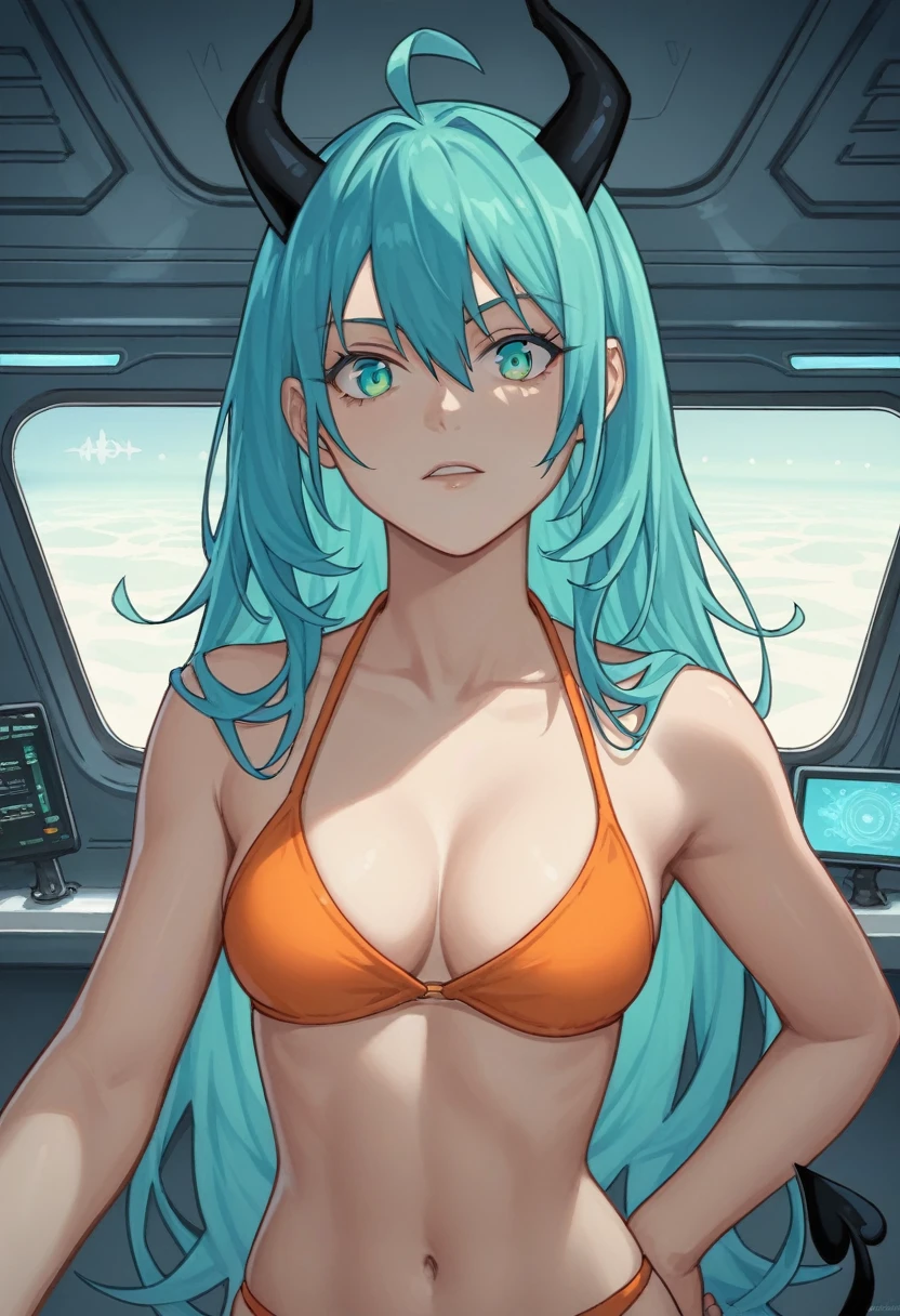 score_9, score_8_up, score_7_up,1 daemon woman, black horns, black demon tail, (aquamarine hair),aquamarine green color hair,ahoge, long hair, (long hair),bangs, light orange bikini, bikini is orange, bikini orange, orange bikini!, (aquamarine eyes), background is spaceship, aquamarine eyes, 1woman ,facing viewer, daemon girl, close up,Well-endowed, alone, Spacecraft interior, sexy pose