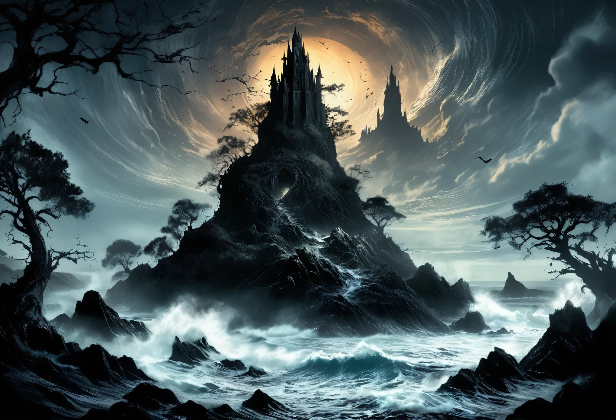 masterpiece by famous artist, extremely detailed special edition illustration, dark fantasy, eldritch, mysterious island, (black stone tower with trees wrapping around it and with mystical light at the top:1.4), overgrown with tree branches on an island overgrown with twisted trees, gothic horror, dark fantasy, blight, [waves crashing on sharp black rocks], elden ring,