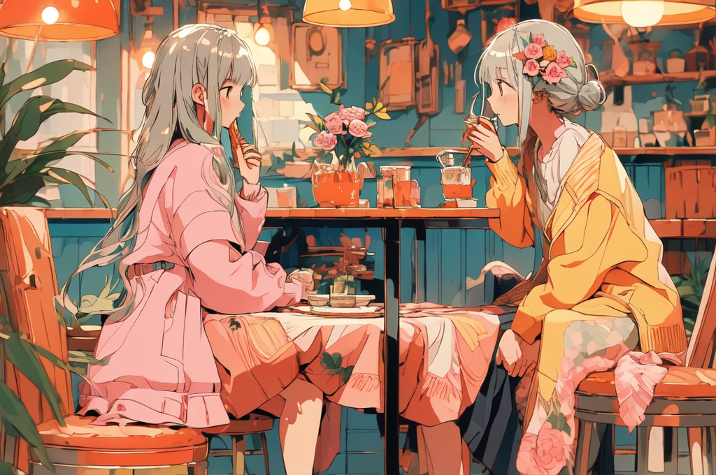 (masterpiece:1.2), best quality,PIXIV,flot,
1girl, solo, sitting, long hair, flower, chair, food, pink flower, cup, holding, long sleeves, pink skirt, rose, skirt, jacket, grey hair, table, pink rose, indoors, blush, bangs, plant, holding cup, yellow jacket, profile, coat, long skirt, vase