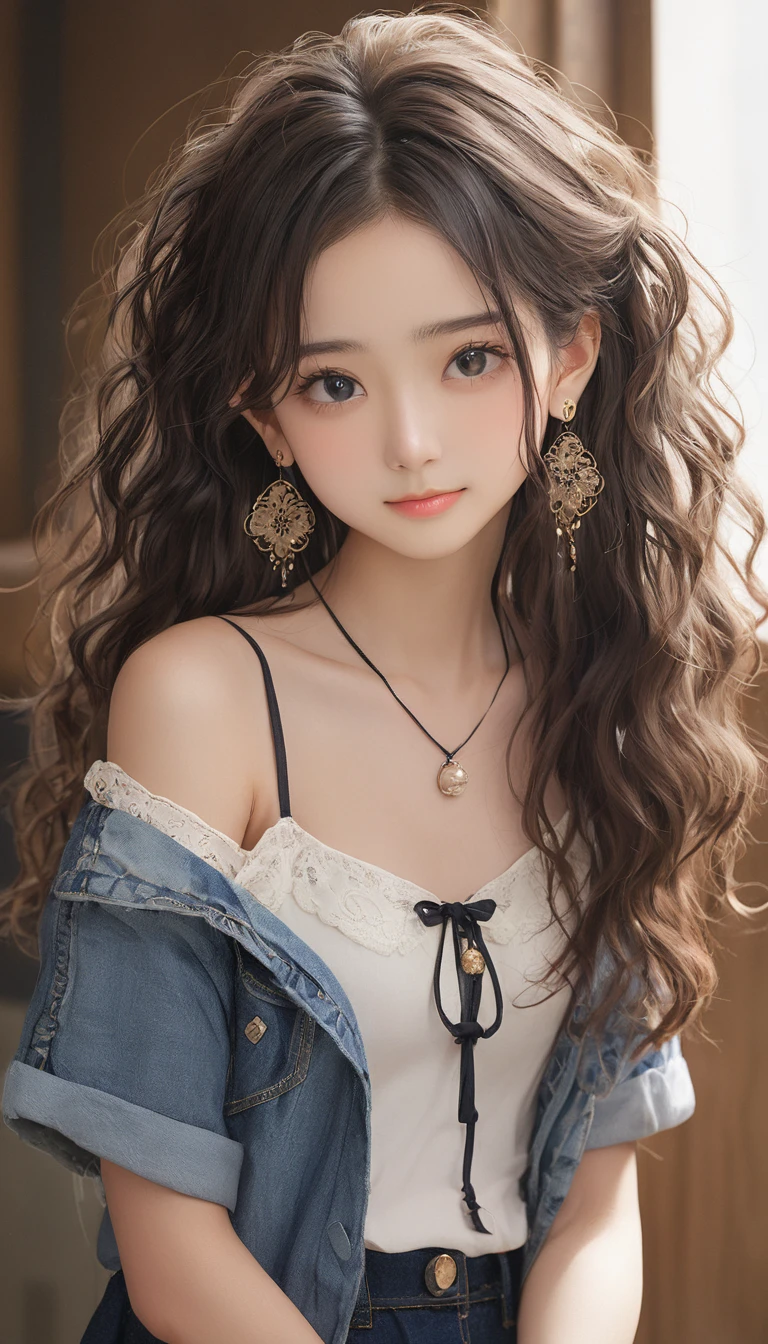 (masterpiece, Highest quality:1.2), One girl, alone,bony body、15 years old、Frizzy hair、Earrings