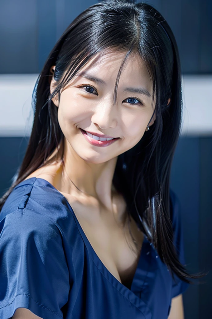 Dental hygienist wearing dark blue medical scrubs Japanese woman in her early 30s with black hair Upper body close-up smile Photo shoot at the clinic Harmony々 No accessories included