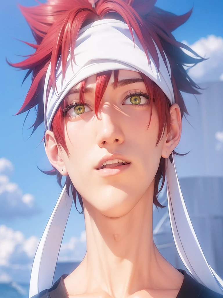 a man with long red hair, headband Eyes are yellow, hd 4k 3D