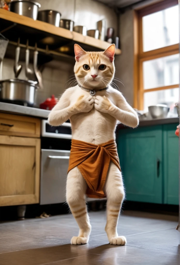 photo, The cutest click bait monster on earth, cat, walking on two legs, with wide, kind eyes, wearing a loincloth, like in Boots,Behind the restaurant kitchen、