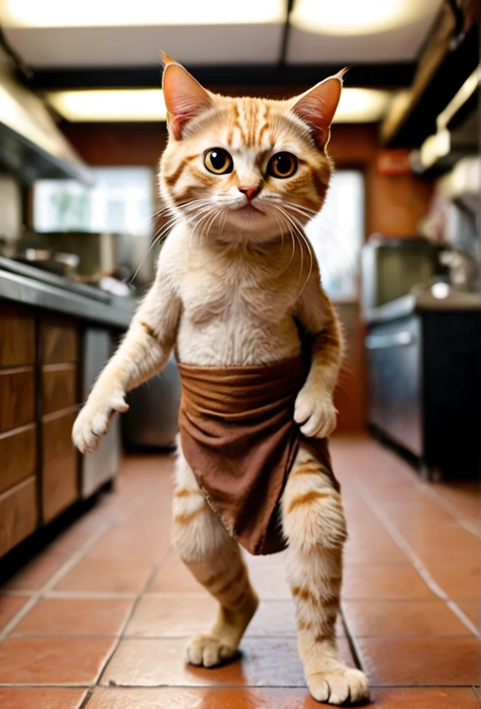photo, The cutest click bait monster on earth, cat, walking on two legs, with wide, kind eyes, wearing a loincloth, like Puss in Boots,Behind the restaurant kitchen、