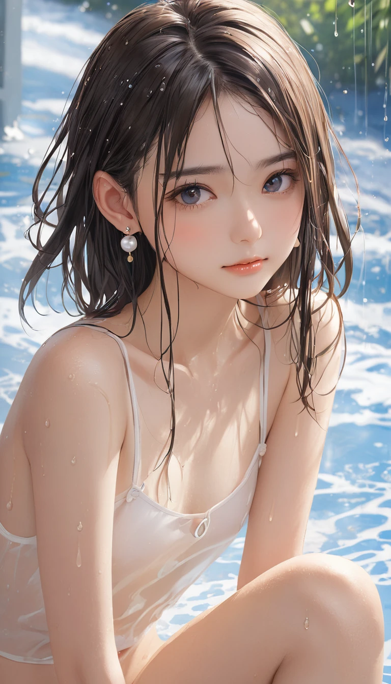 (masterpiece, Highest quality:1.2), One girl, alone,bony body、15 years old、wet hair、Earrings