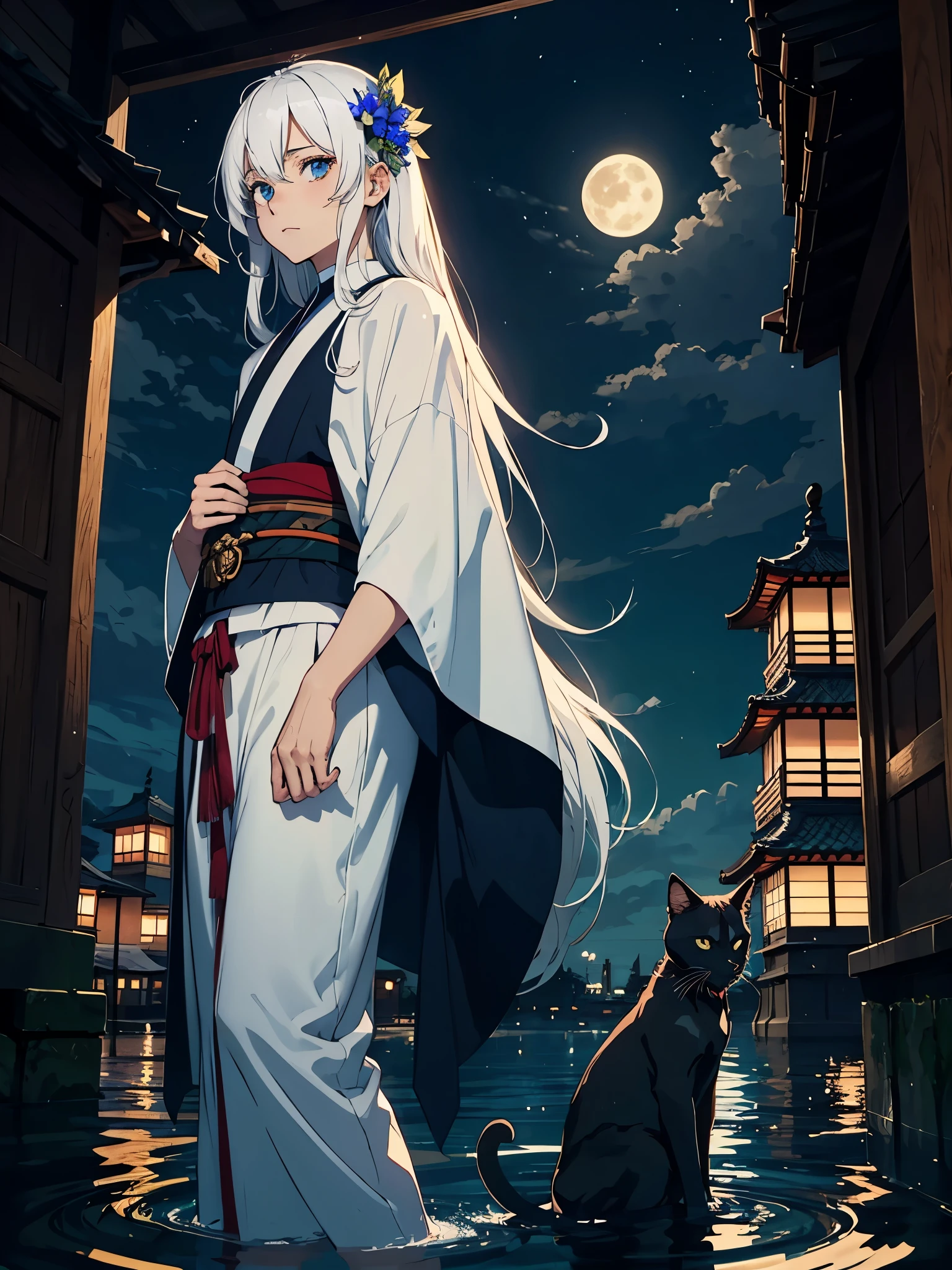 Longer hair. Mehr anime. 2D. Glow. With black cat. Blauer Mond. Roter Kimono. Rote Blumen. Japanisches Tor. Tori. Blue wolf. Kimono. . More anime. light blue light. Bright bright light. male. Long hair. long white hair. aquatic, boy, God of the Moon, silver hair accessories, White hair. 