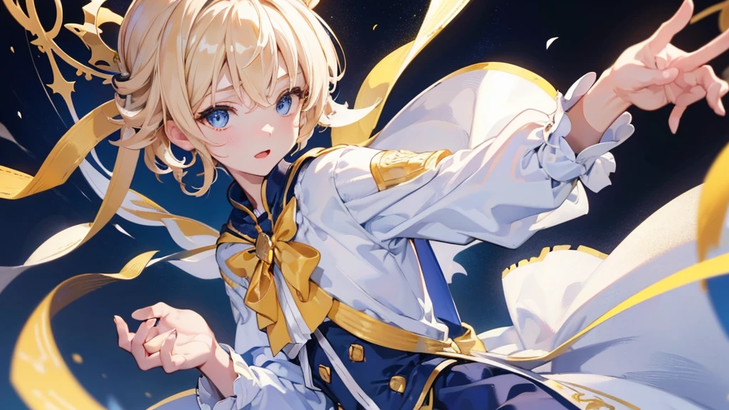 (Highest quality) (4K) (8k) (High resolution) (masterpiece:1.2) (Super detailed) One boy short hair Wizard Blue Eyes Long sleeve Golden decoration Hair between the eyes White Dress Wavy golden hair Upper Body (large crown) (White Background) front Face close-up (Hold the dagger)