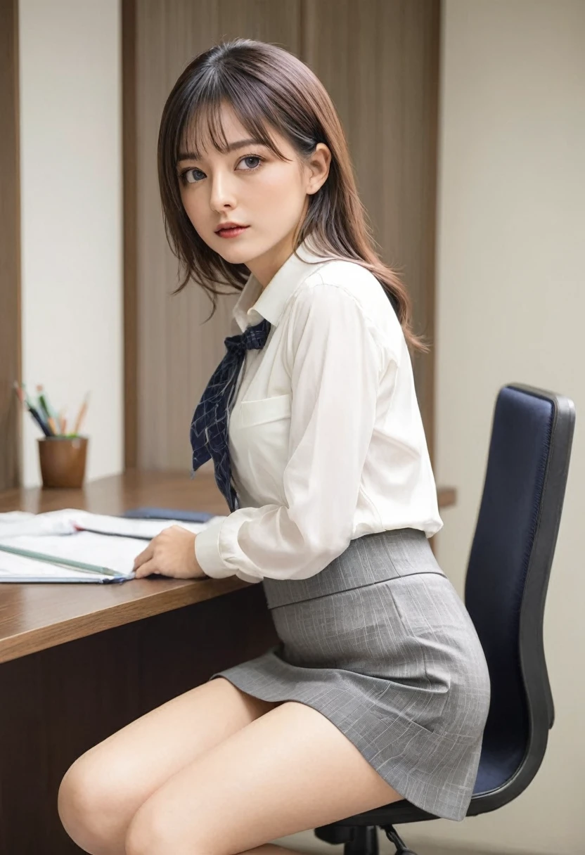 In a mini skirt、Spread your legs、Woman sitting on desk、Looking up